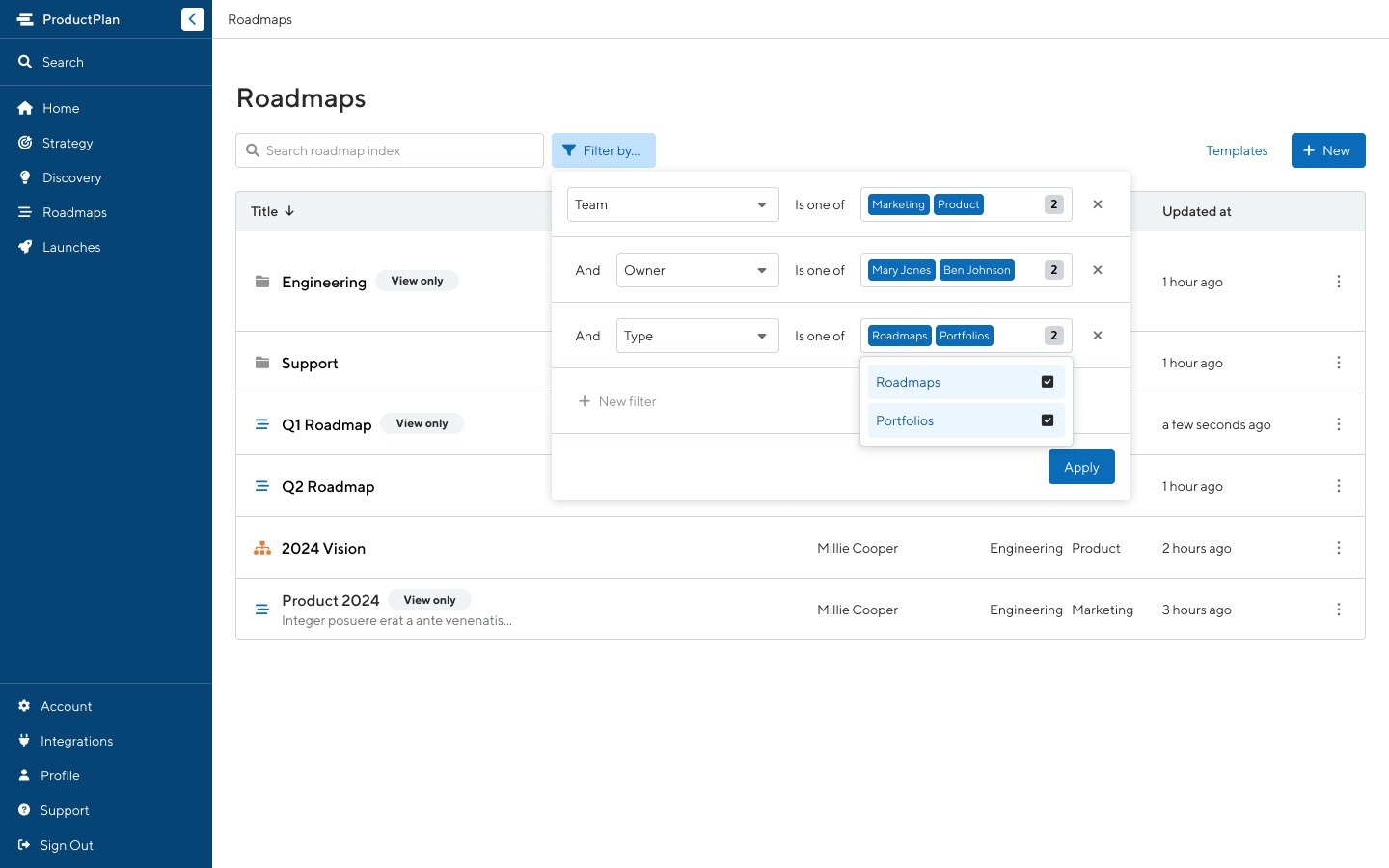 ProductPlan roadmap index with Teams for Roadmaps filters on