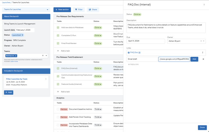 An image showing the process of adding a task link to a launch within ProductPlan